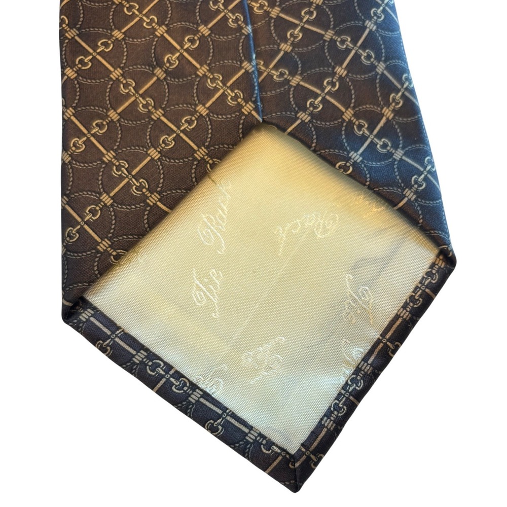 Vtg Luciano Toscani Horsebit 100% Silk Tie Men Taupe Brown Gold Gucci Made Italy - Picture 5 of 5